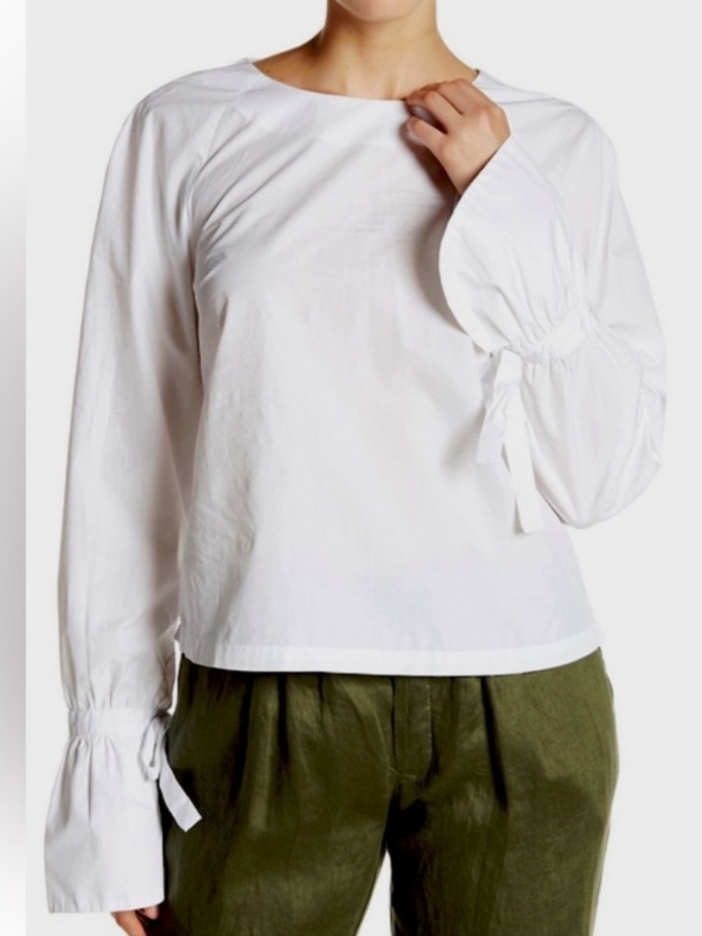Frame Denim White Long-Sleeve Tie-Cuff Cotton Top, S